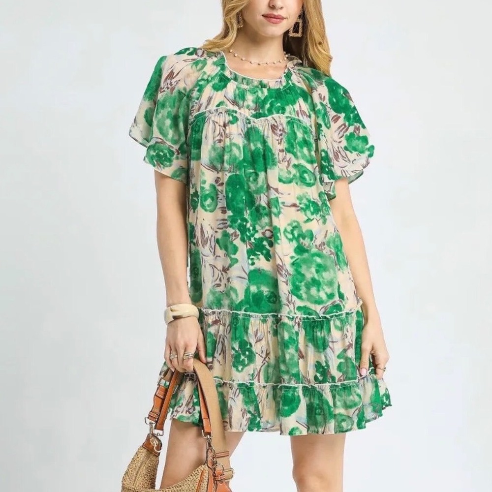 Umgee Babydoll Dress Womens Green Floral Tiered Flutter Sleeve Boho Mini Medium